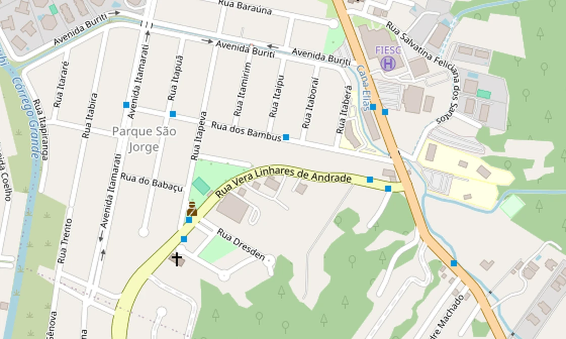 Map of Córrego Grande, Florianópolis, with Arena Beach at the centre, on Rua Vera Linhares de Andrade.